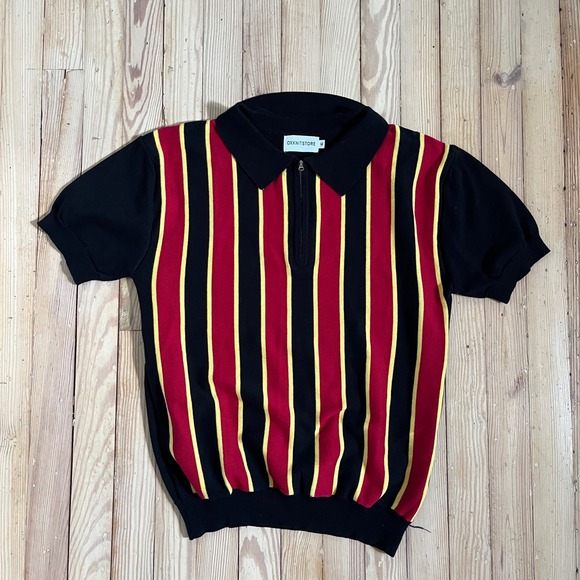 OXXKNITSTORE Other - OXXKNITSTORE Mens Knit Striped Polo Shirt Short Sleeve Zip Up Black Red Yellow‎